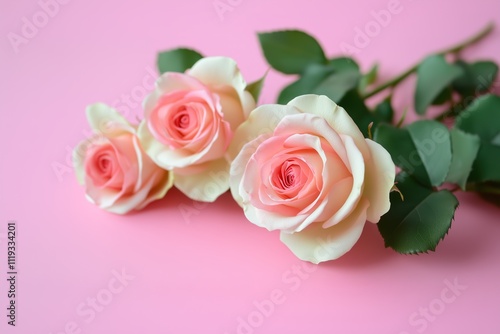 Pink roses set against a soft background, overlooking the Valentine's Day celebration with floral arrangements. Flat style with copy space for text overlay.
