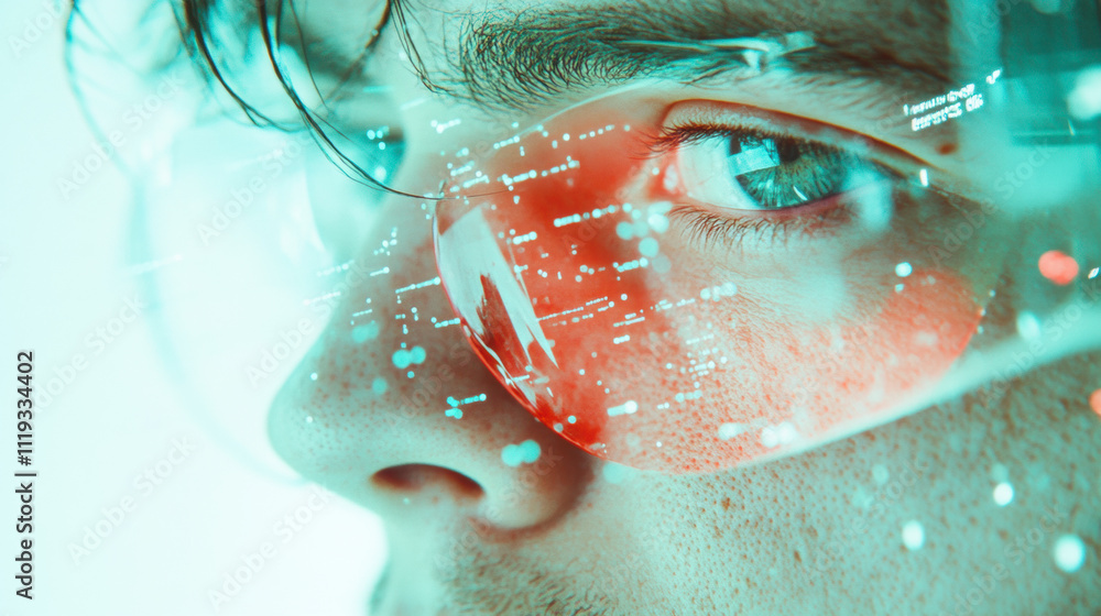 Fototapeta premium Close-up of a Person Wearing High-Tech Glasses, Immersed in Digital Data, Highlighting Advancements in Technology and Augmented Reality in a Futuristic Setting