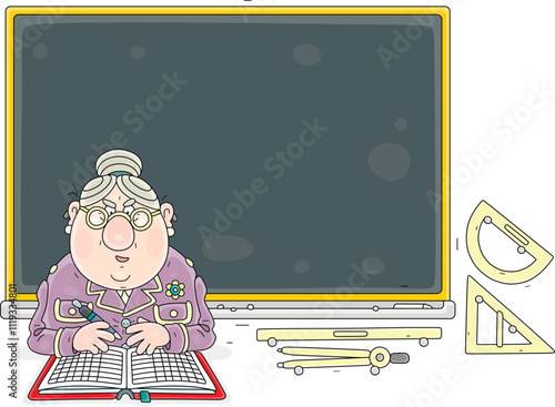 Grumbling and strict old school teacher sitting with an open class register and giving a lesson in a classroom with a blackboard, vector cartoon illustration on a white background