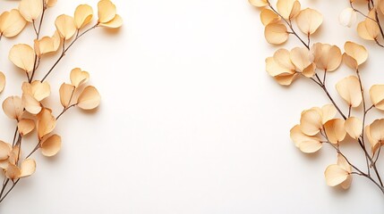 Dried beige eucalyptus branches arranged symmetrically on a white background, leaving space for text or design elements in the center. Generative ai