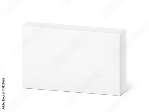 Realistic white closed paperboard box mockup. Vector illustration isolated on white background. Taking your 2D designs into 3D. Can be use for medicine, food, cosmetic and other. EPS10.
