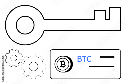 Large key near two gears and Bitcoin wallet symbol. Ideal for cryptocurrency, cybersecurity, blockchain technology, digital finance, data encryption, fintech solutions, and future tech. Line metaphor