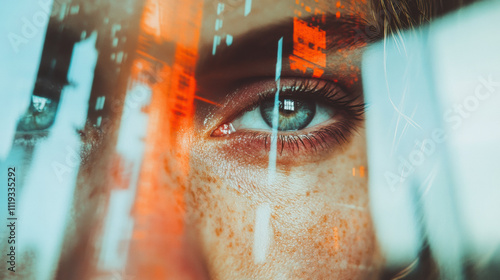 Close-up of a Woman's Eye Reflecting Vibrant City Lights and Patterns, Capturing a Moment of Deep Thought Amidst Urban Life