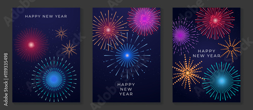 Happy Holidays Greeting card design vector set. Decorative gradient vibrant golden festive firework on dark background. Design illustration for banner, social media, advertising, website.