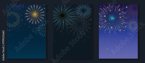 Happy Holidays Greeting card design vector set. Decorative gradient vibrant golden festive firework on dark background. Design illustration for banner, social media, advertising, website.