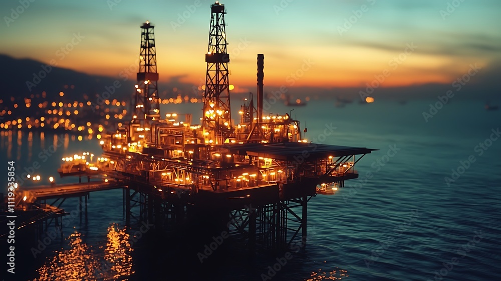Offshore Oil Rig at Sunset: Industrial Power, Energy Production, Global Resources Offshore Oil Rig at Sunset: Industrial Power, Energy Production, Global Resources