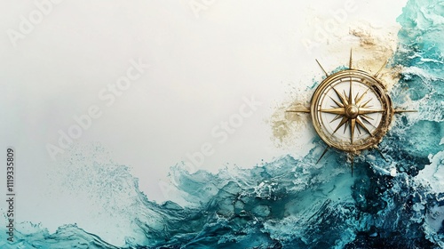 Golden compass on stormy sea watercolor background. Generative ai