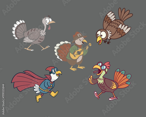 Funny wild cartoon turkey with oversized feet, waddling awkwardly, dressed as superhero,  flying through the sky