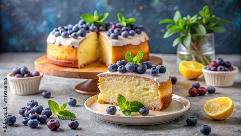 Minimalist Blueberry Lemon Cake with a Slice Cut Out for Birthday or Wedding Celebrations Minimalist Blueberry Lemon Cake with a Slice Cut Out for Birthday or Wedding Celebrations