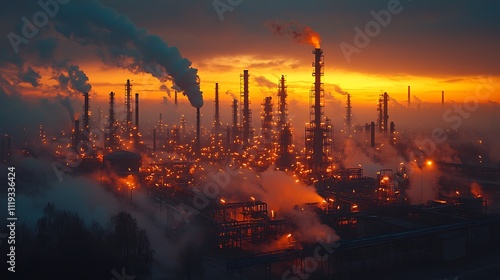 Industrial Sunset: Refinery Towers Emit Smoke & Glowing Flames at Dusk