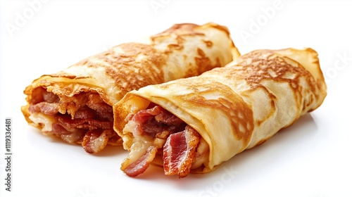 Pancake rolls stuffed with pieces of fried bacon meat  on a white background, isolated
