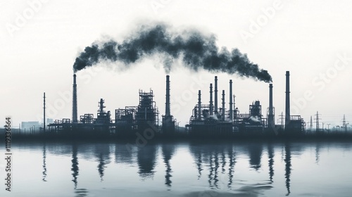 Industrial plant silhouette reflected in water, emitting dark smoke into the sky. Generative ai