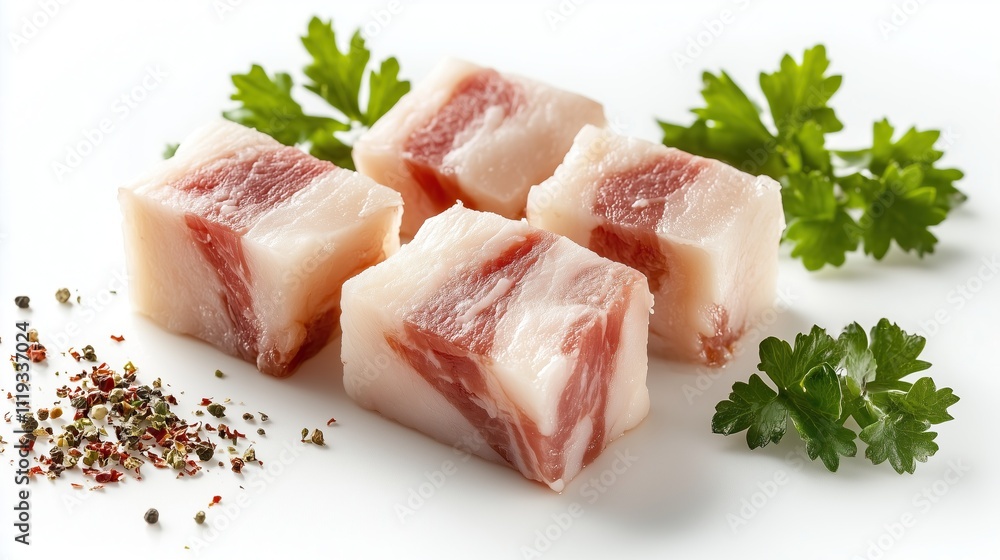 Appetizing pieces of lard with meat streaks on a white background, isolated Appetizing pieces of lard with meat streaks on a white background, isolated