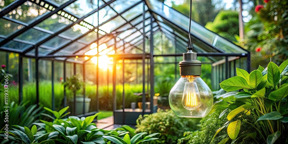 Minimalist Ecology Concept with Greenhouse and Sparkling Light Bulb House Idea for Sustainable Living and Nature Conservation Minimalist Ecology Concept with Greenhouse and Sparkling Light Bulb House Idea for Sustainable Living and Nature Conservation