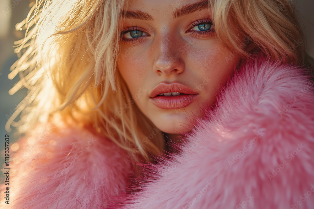 A woman in a pink fur coat posing for a picture A woman in a pink fur coat posing for a picture