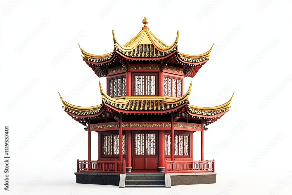Side view of a traditional Chinese pagoda with bold red walls and golden accents, detailed with intricate patterns. Side view of a traditional Chinese pagoda with bold red walls and golden accents, detailed with intricate patterns.