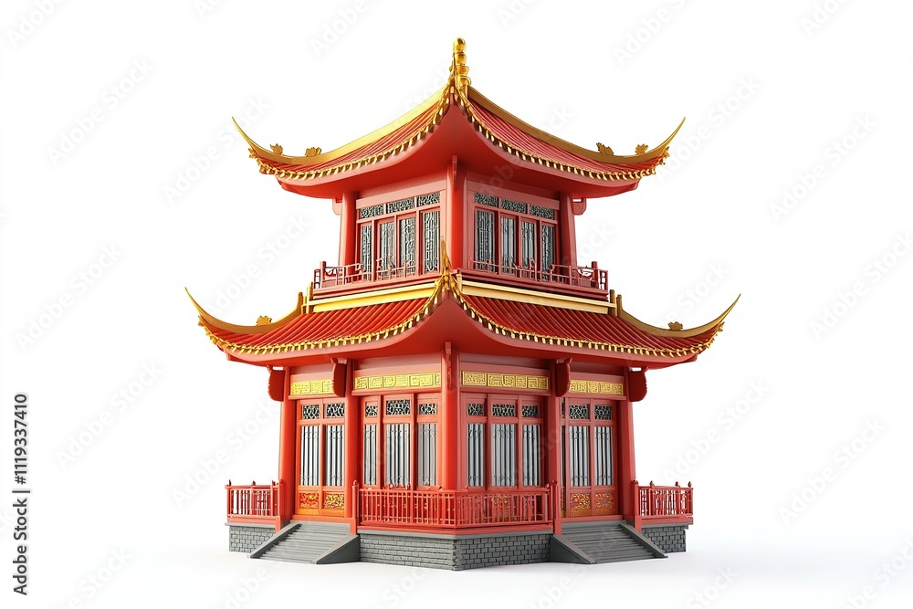 Side view of a traditional Chinese pagoda with bold red walls and golden accents, detailed with intricate patterns. Side view of a traditional Chinese pagoda with bold red walls and golden accents, detailed with intricate patterns.