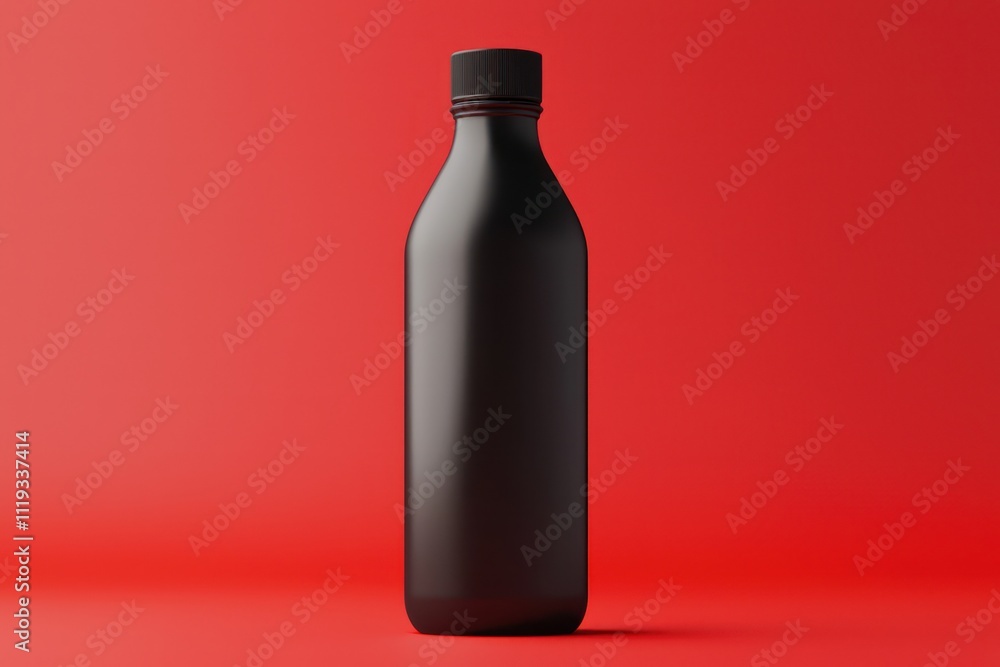3D rendering of a sleek black plastic bottle with red background, ideal for product mockups. 3D rendering of a sleek black plastic bottle with red background, ideal for product mockups.