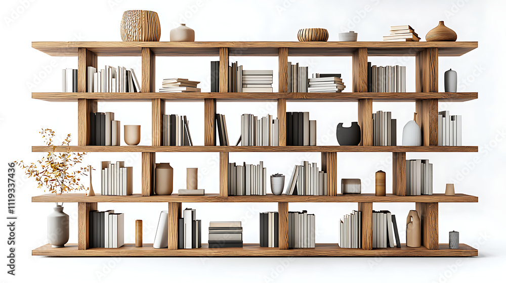 A tall wooden bookshelf filled with books and other items A tall wooden bookshelf filled with books and other items