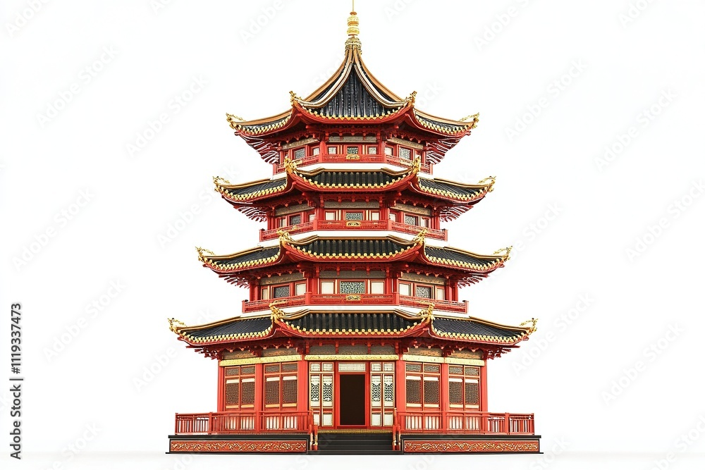 Side view of a traditional Chinese pagoda with bold red walls and golden accents, detailed with intricate patterns. Side view of a traditional Chinese pagoda with bold red walls and golden accents, detailed with intricate patterns.