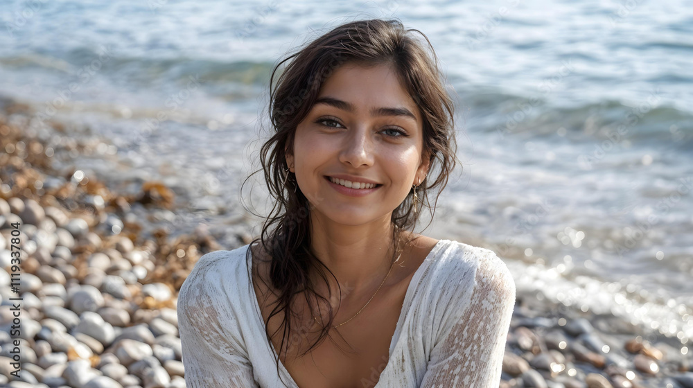 Seaside Serenity: Young Indian Woman Enjoying a Peaceful Moment on the Beach generative ai Seaside Serenity: Young Indian Woman Enjoying a Peaceful Moment on the Beach generative ai