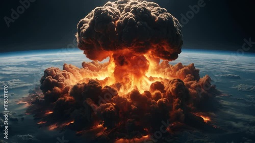 Huge nuclear bomb explosion on surface of planet Earth viewed from space