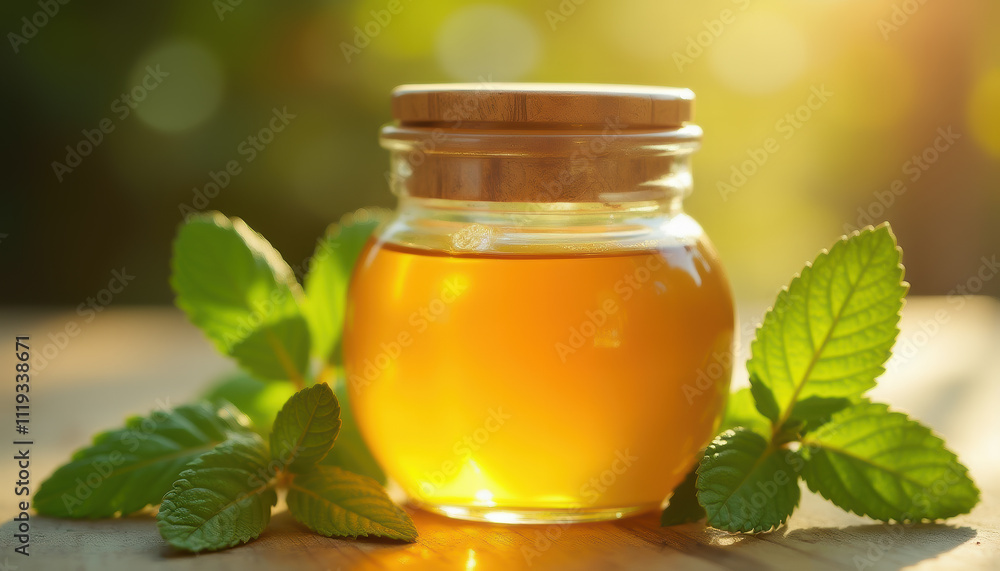 Refreshing honey jar surrounded by fresh mint leaves in sunlight Refreshing honey jar surrounded by fresh mint leaves in sunlight