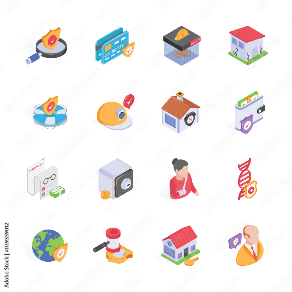 This image features a collection of colorful isometric icons representing different aspects of insurance and security