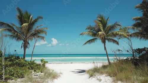 Scenic view of a tropical beach with white sand, turquoise water, and palm trees under a clear blue sky