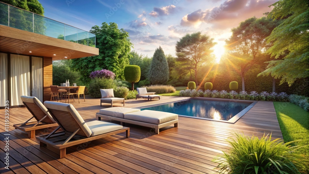 Fototapeta premium Modern Wooden Terrace Design: Outdoor Furniture, Swimming Pool, Garden, High Depth of Field