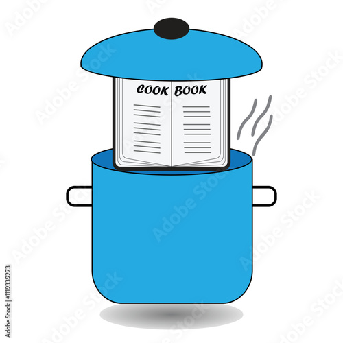 Blue pot with lid and a book inside with the text cook book