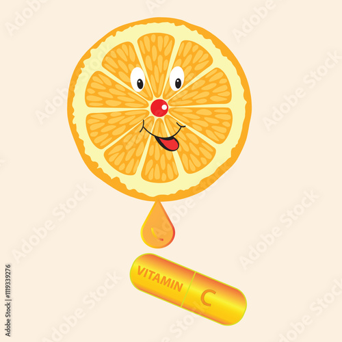 Cute orange slice with vitamin c capsule