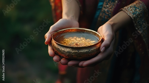 A Woman's Hands Gently Holding an Ornate Golden Bowl Filled with Liquid, Reflecting Light in a Serene Outdoor Setting: A Symbol of Peace and Tranquility