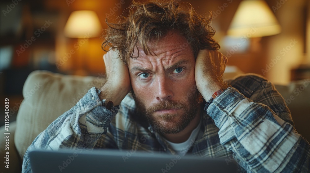 Obraz premium A stressed man with messy hair sits on a couch, covering his ears while looking at a laptop.