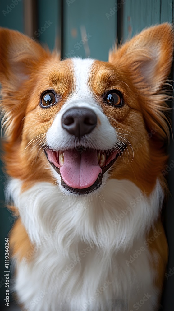 Happy dog looks funny Looking up at the sky with tongue out and mouth open on a light blue background. There is copy space. You can add interesting messages to attract the attention of pet lovers. Happy dog looks funny Looking up at the sky with tongue out and mouth open on a light blue background. There is copy space. You can add interesting messages to attract the attention of pet lovers.