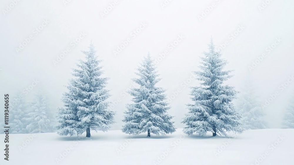 Obraz premium Three snow-covered evergreen trees stand in a misty winter landscape.