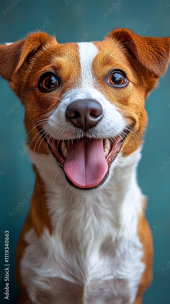 Happy dog looks funny Looking up at the sky with tongue out and mouth open on a light blue background. There is copy space. You can add interesting messages to attract the attention of pet lovers. Happy dog looks funny Looking up at the sky with tongue out and mouth open on a light blue background. There is copy space. You can add interesting messages to attract the attention of pet lovers.
