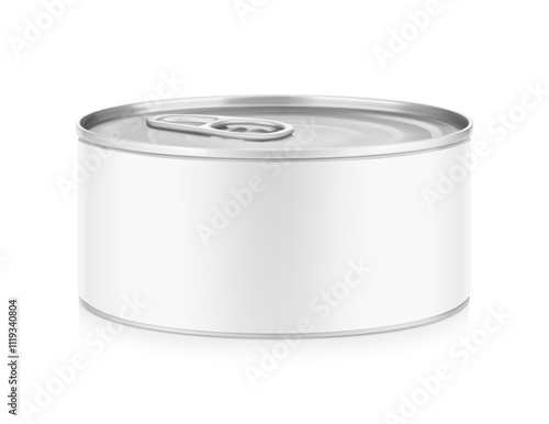Hight realistic tin can with easy-open lid mockup. Vector illustration isolated on white background. Easy to use for presentation your product, idea, design. EPS10.	