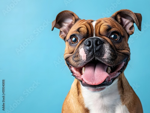 Happy dog looks funny Looking up at the sky with tongue out and mouth open on a light blue background. There is copy space. You can add interesting messages to attract the attention of pet lovers.