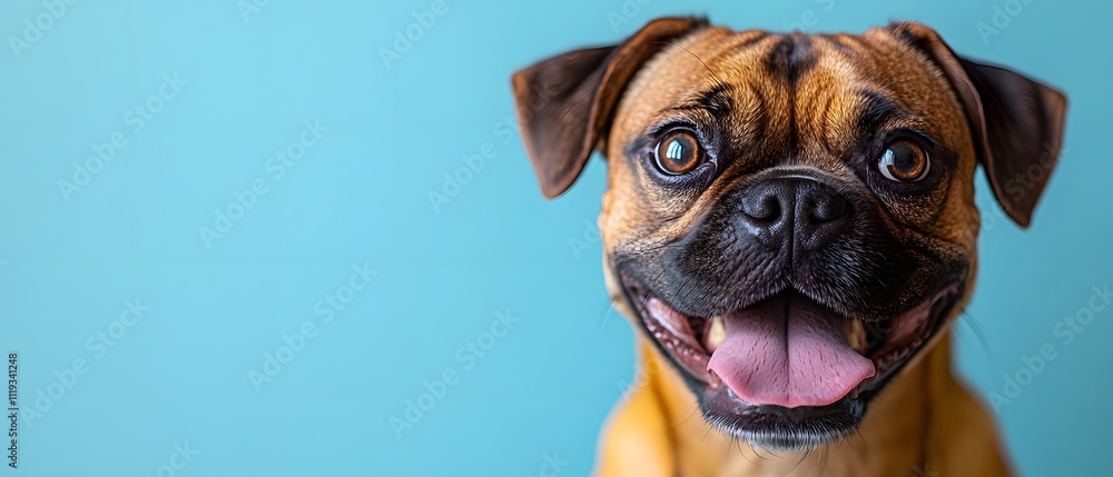 Happy dog looks funny Looking up at the sky with tongue out and mouth open on a light blue background. There is copy space. You can add interesting messages to attract the attention of pet lovers. Happy dog looks funny Looking up at the sky with tongue out and mouth open on a light blue background. There is copy space. You can add interesting messages to attract the attention of pet lovers.