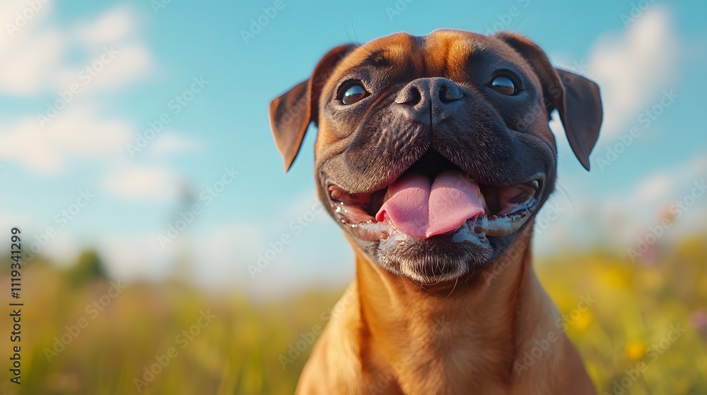 Happy dog looks funny Looking up at the sky with tongue out and mouth open on a light blue background. There is copy space. You can add interesting messages to attract the attention of pet lovers. Happy dog looks funny Looking up at the sky with tongue out and mouth open on a light blue background. There is copy space. You can add interesting messages to attract the attention of pet lovers.