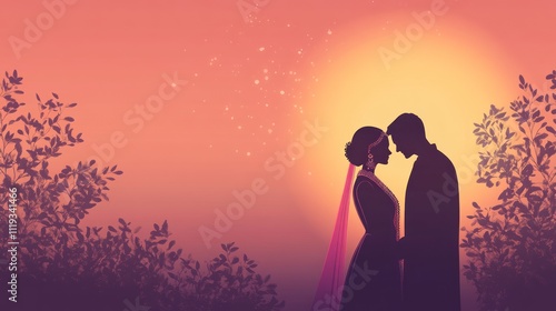 Silhouette of a Couple in Love at Sunset: A Romantic Indian Wedding Illustration