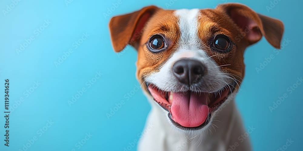 Happy dog looks funny Looking up at the sky with tongue out and mouth open on a light blue background. There is copy space. You can add interesting messages to attract the attention of pet lovers. Happy dog looks funny Looking up at the sky with tongue out and mouth open on a light blue background. There is copy space. You can add interesting messages to attract the attention of pet lovers.