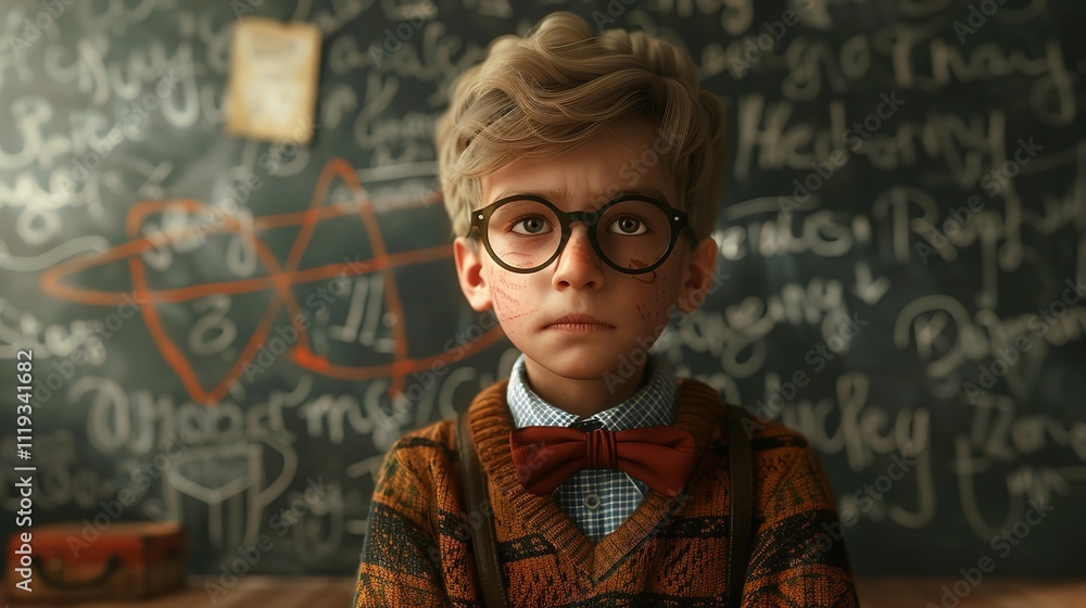A young boy wearing glasses standing in front of a blackboard A young boy wearing glasses standing in front of a blackboard