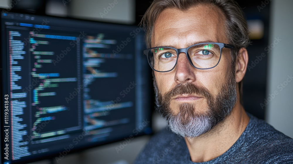Expert Programmer Focuses on Coding Tasks in a Modern Workspace With Multiple Screens and Dark Theme Software Display Expert Programmer Focuses on Coding Tasks in a Modern Workspace With Multiple Screens and Dark Theme Software Display