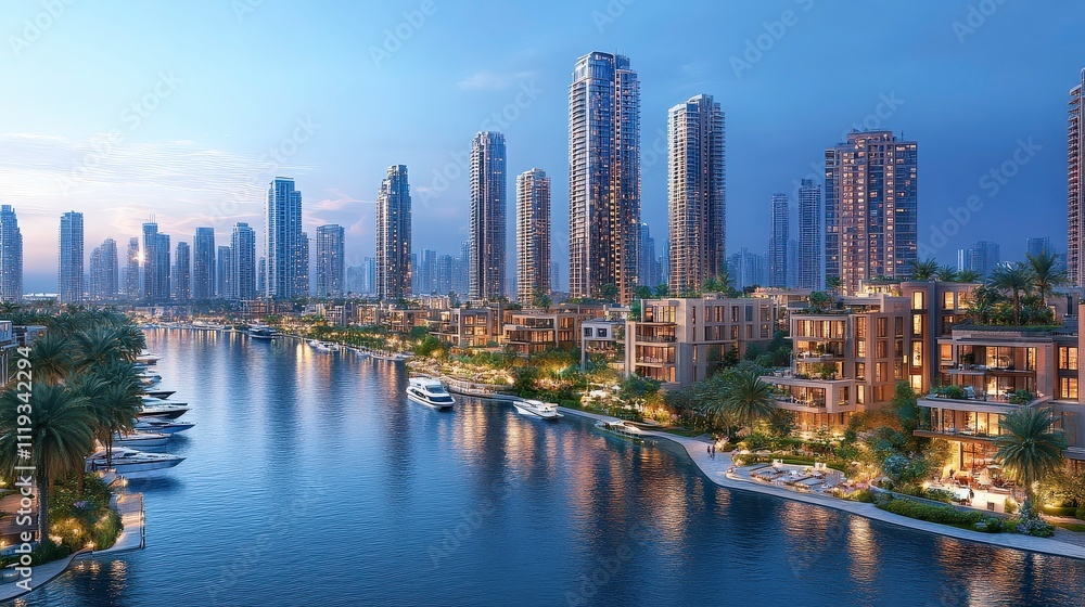 Modern Cityscape at Twilight with Skyscrapers Reflecting on Scenic Waterway Surrounded by Lush Greenery and Vibrant Residential Buildings Modern Cityscape at Twilight with Skyscrapers Reflecting on Scenic Waterway Surrounded by Lush Greenery and Vibrant Residential Buildings