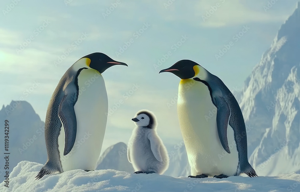Fototapeta premium A family of emperor penguins, two adults and one baby, in the snow