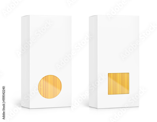 Realistic paperboard box with clear window for spaghetti mockup. Perspective view. Vector illustration isolated on grey background. Can be use for pasta food. Ready for your design. EPS10.