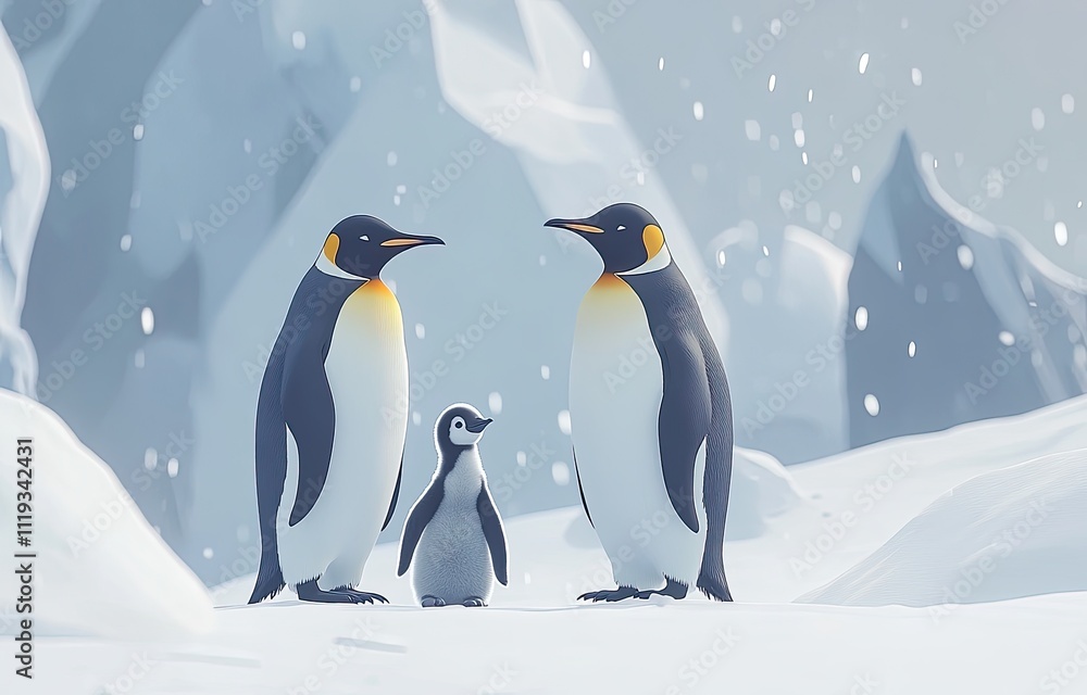 Fototapeta premium A family of emperor penguins, two adults and one baby, in the snow