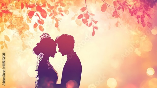 Romantic Silhouette of a Couple Embracing Underneath a Canopy of Autumn Leaves: A Wedding Day Dream in Warm Hues